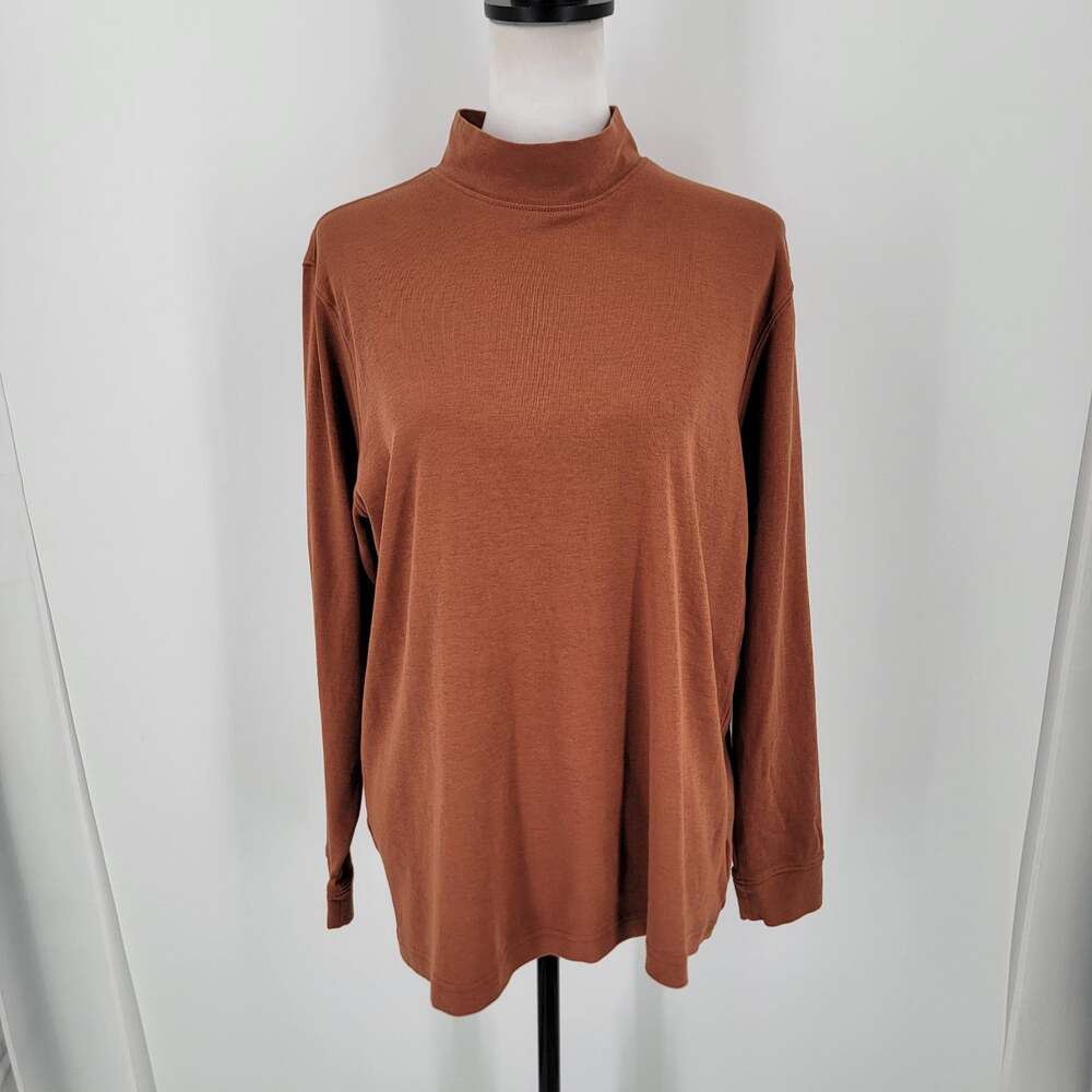 Lands' End Mock Neck Top Women's XL Brown Long Sleeve Pullover Cotton